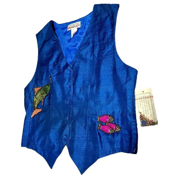 The World According to Bradley 80s Blue Silk Beaded Fish Vntg‎ Vest Size Medium - Picture 7 of 9